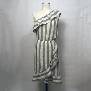 Blue Stripe One Shoulder Faux Wrap Dress Women's Size L